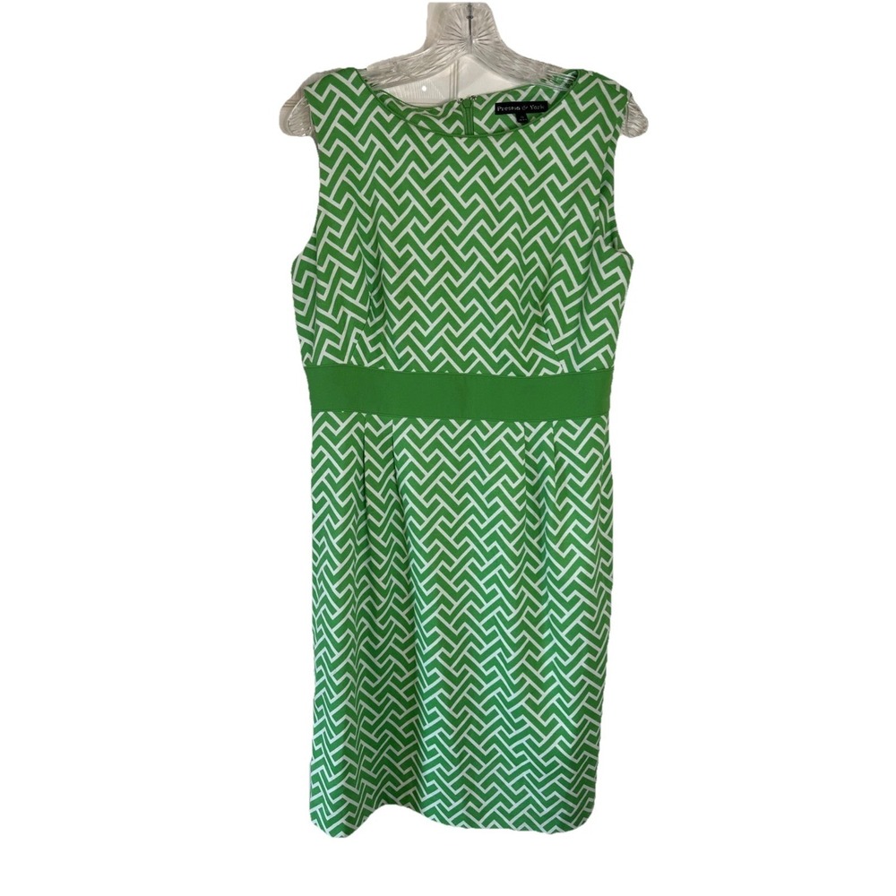 PRESTON & YORK green white geometric print sheath v-neck dress Career Work Sz 10